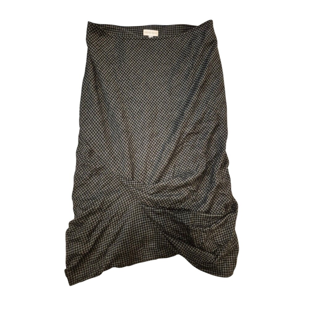Sylvia Heise Asymmetric Houndstooth Pencil Skirt Pintuck Ruched  Black Gray Sz 4